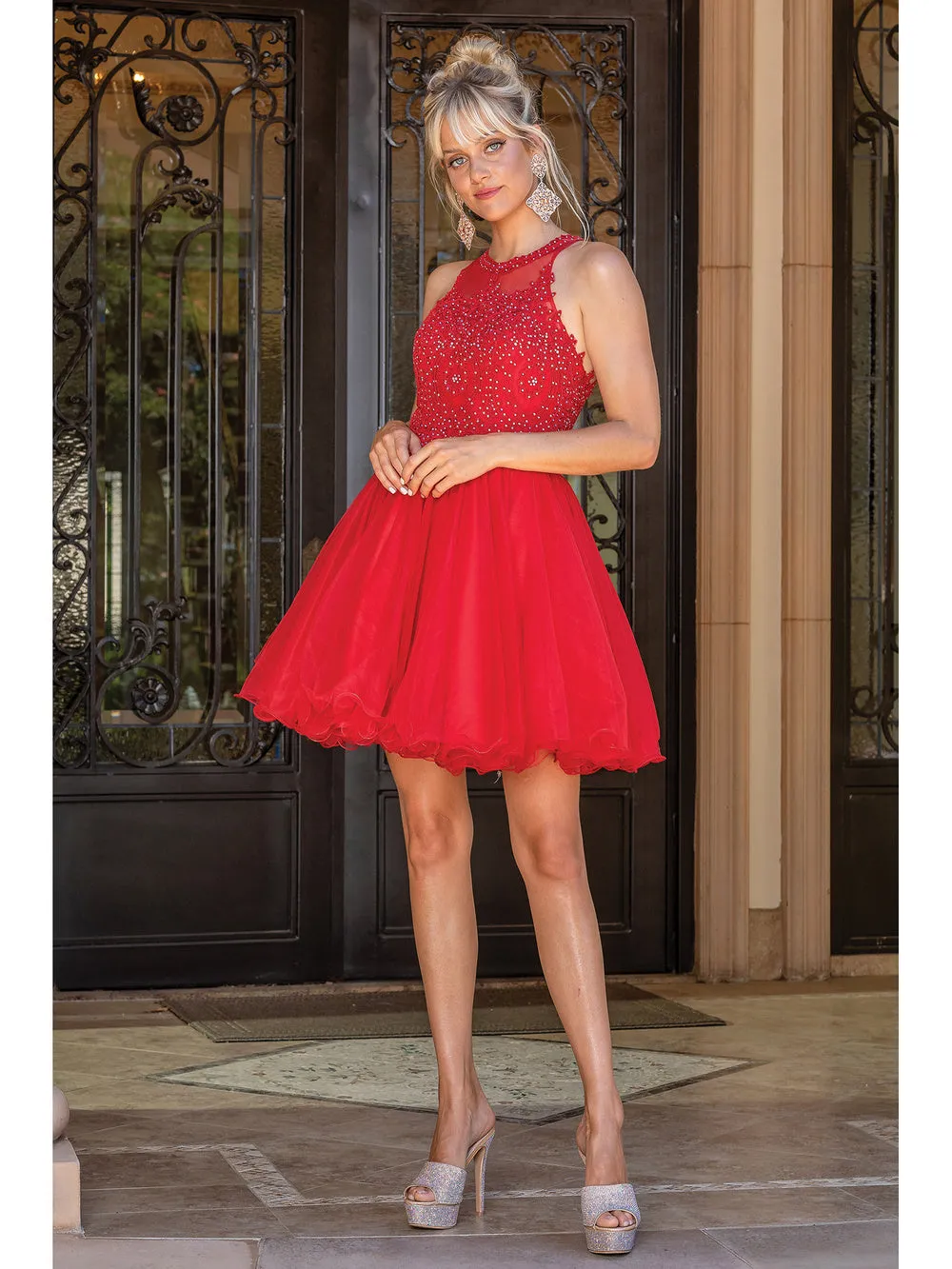 DQ 2156 - Short Homecoming Dress with Lace Appliqué High Neck & Tulle Skirt