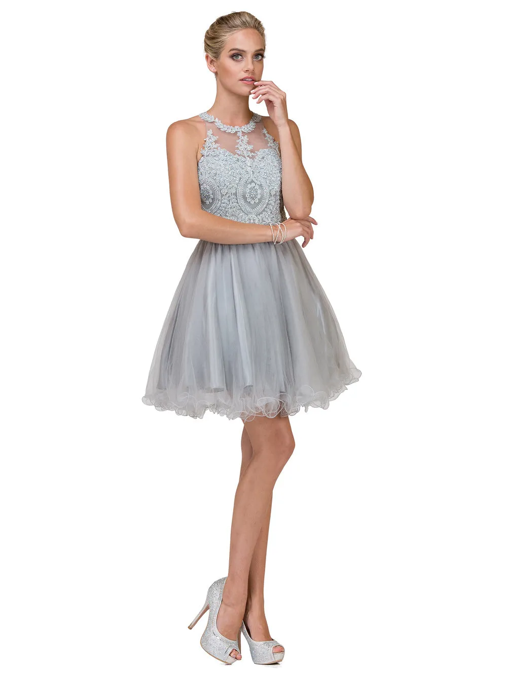 DQ 2156 - Short Homecoming Dress with Lace Appliqué High Neck & Tulle Skirt