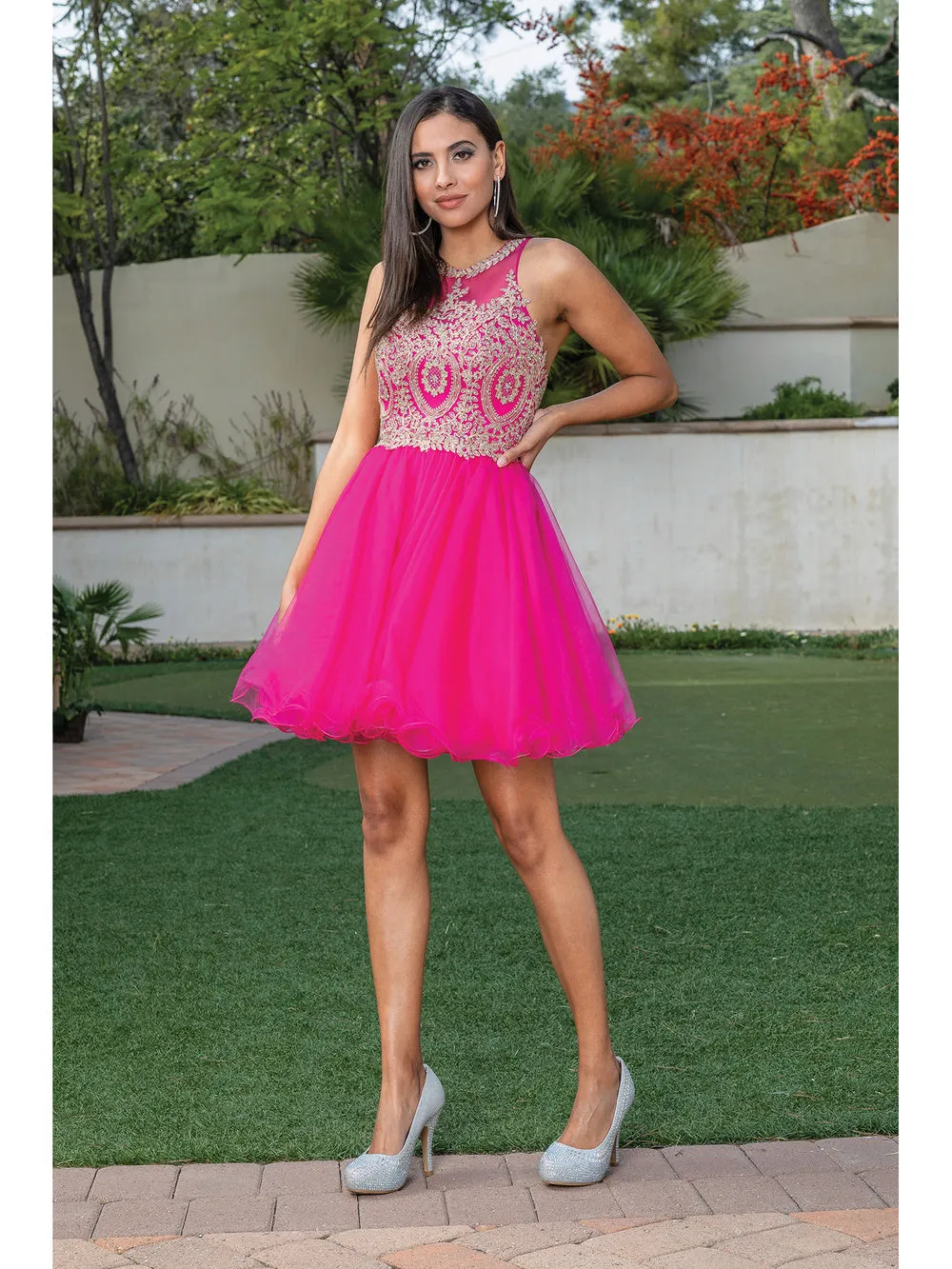 DQ 2156 - Short Homecoming Dress with Lace Appliqué High Neck & Tulle Skirt