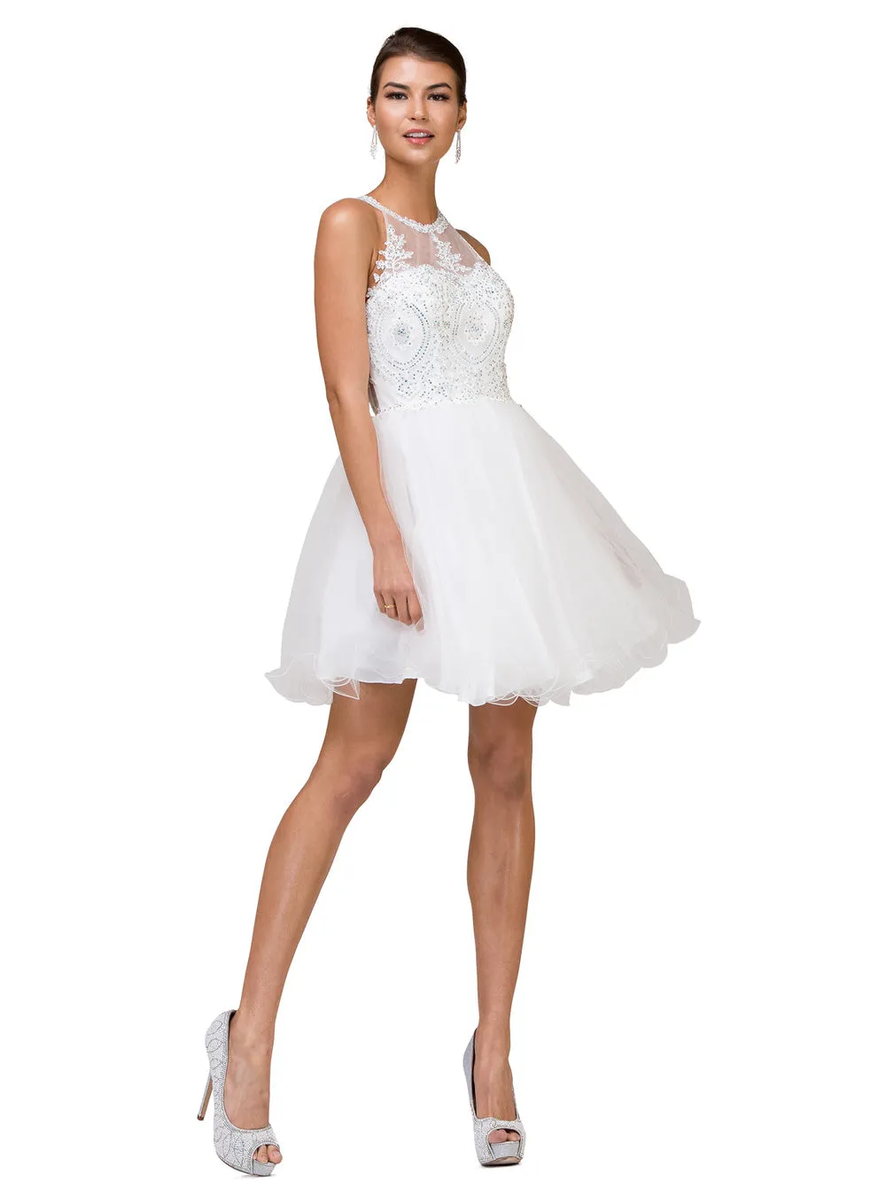 DQ 2156 - Short Homecoming Dress with Lace Appliqué High Neck & Tulle Skirt