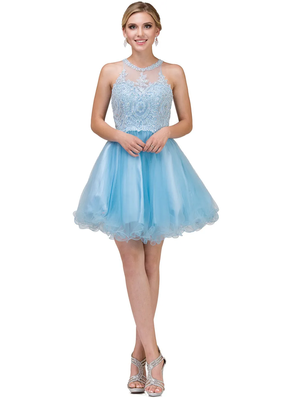 DQ 2156 - Short Homecoming Dress with Lace Appliqué High Neck & Tulle Skirt