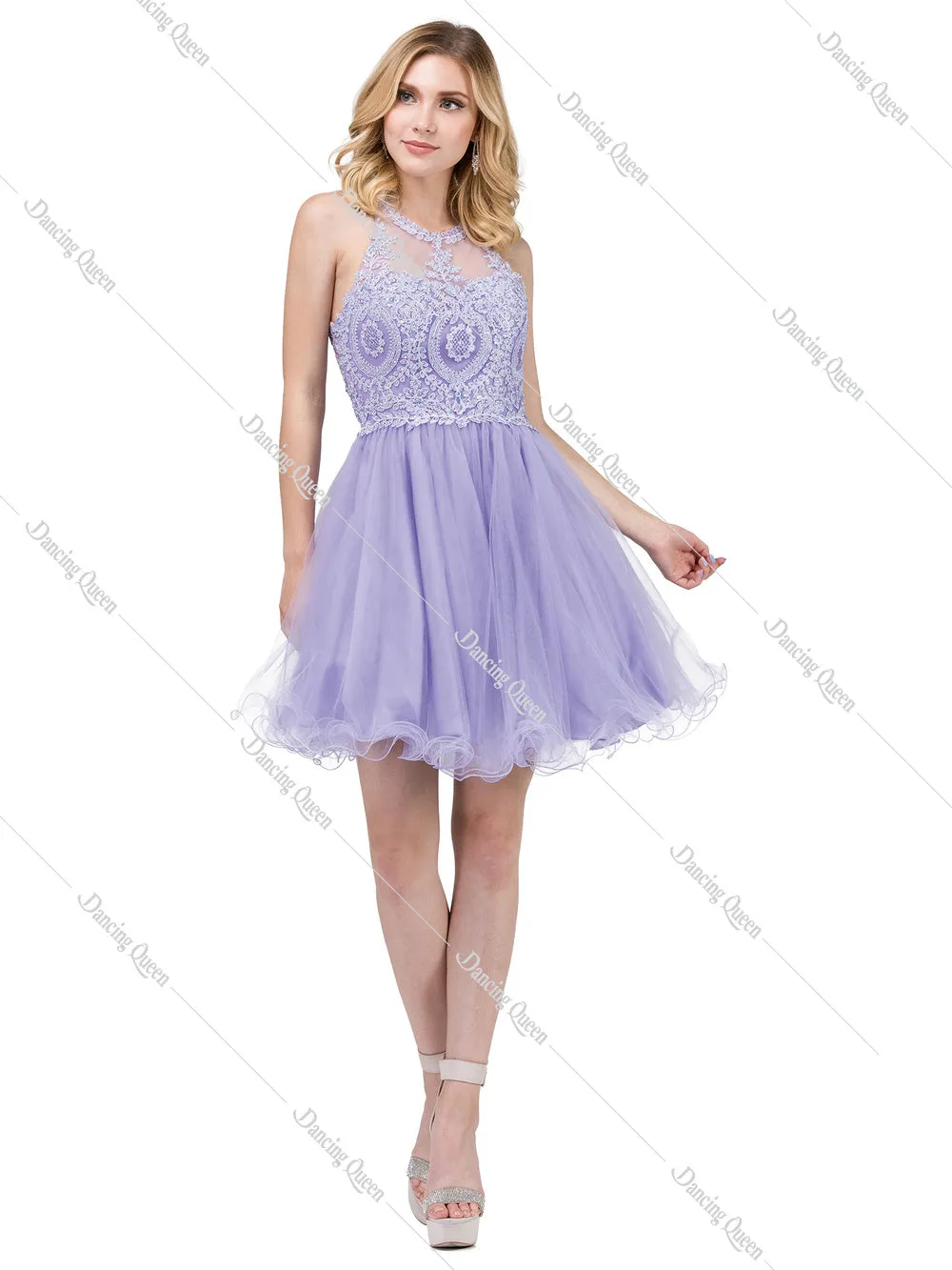 DQ 2156 - Short Homecoming Dress with Lace Appliqué High Neck & Tulle Skirt