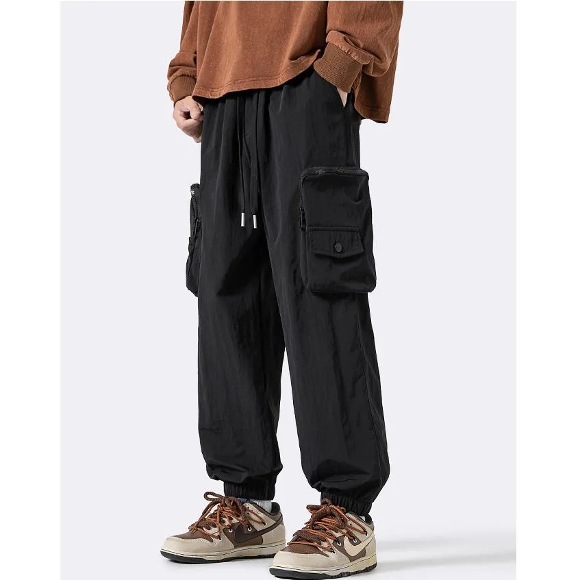 Drawstring Hem Elasticity Tapered Thin Loose Fit Cargo Pants