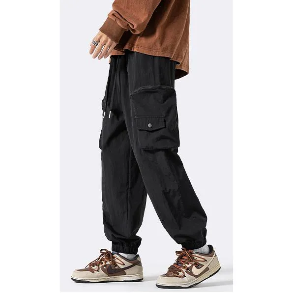 Drawstring Hem Elasticity Tapered Thin Loose Fit Cargo Pants