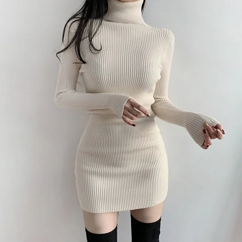 Dress Knitted Korean Style Temperament High Collar Hip Skirt