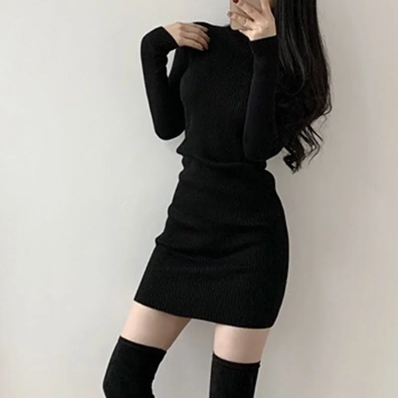 Dress Knitted Korean Style Temperament High Collar Hip Skirt