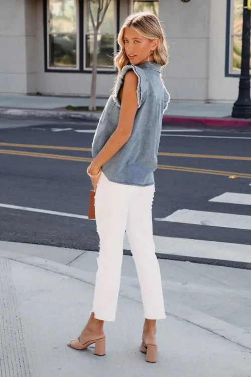 Effortlessly Eye-Catching Denim Button Down Sleeveless Top