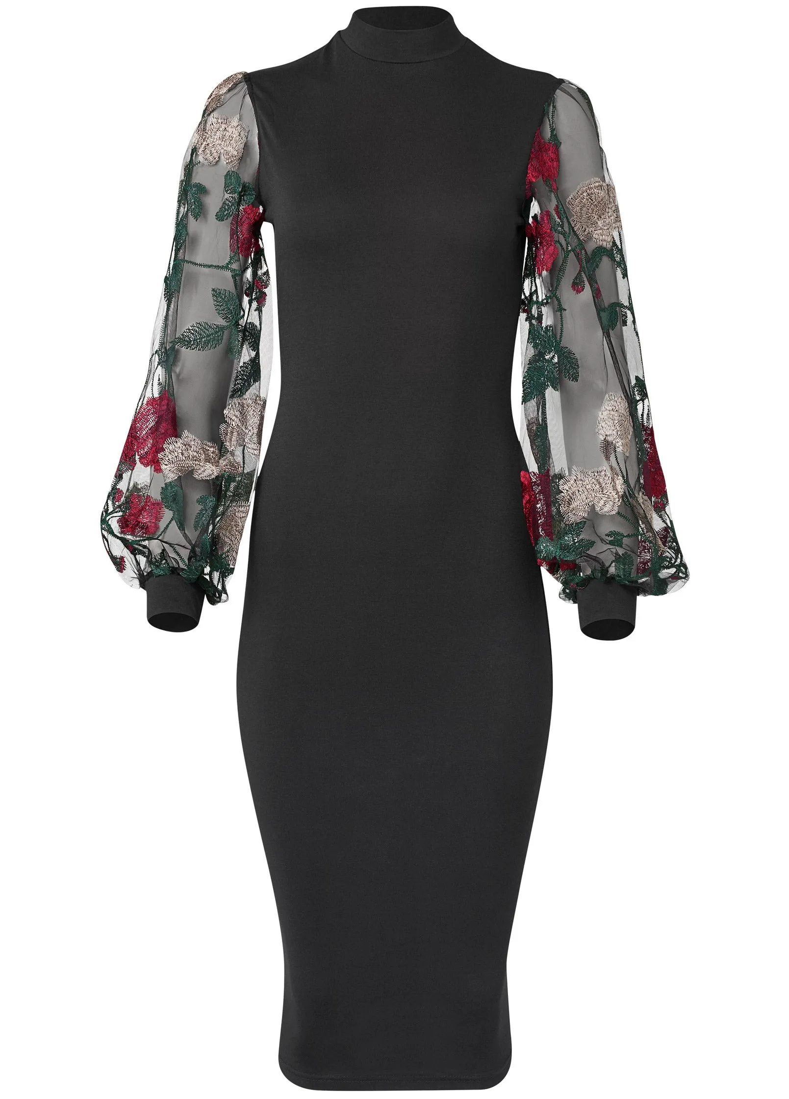 Embroidered Floral Puff Sleeve Dress  - Black Multi