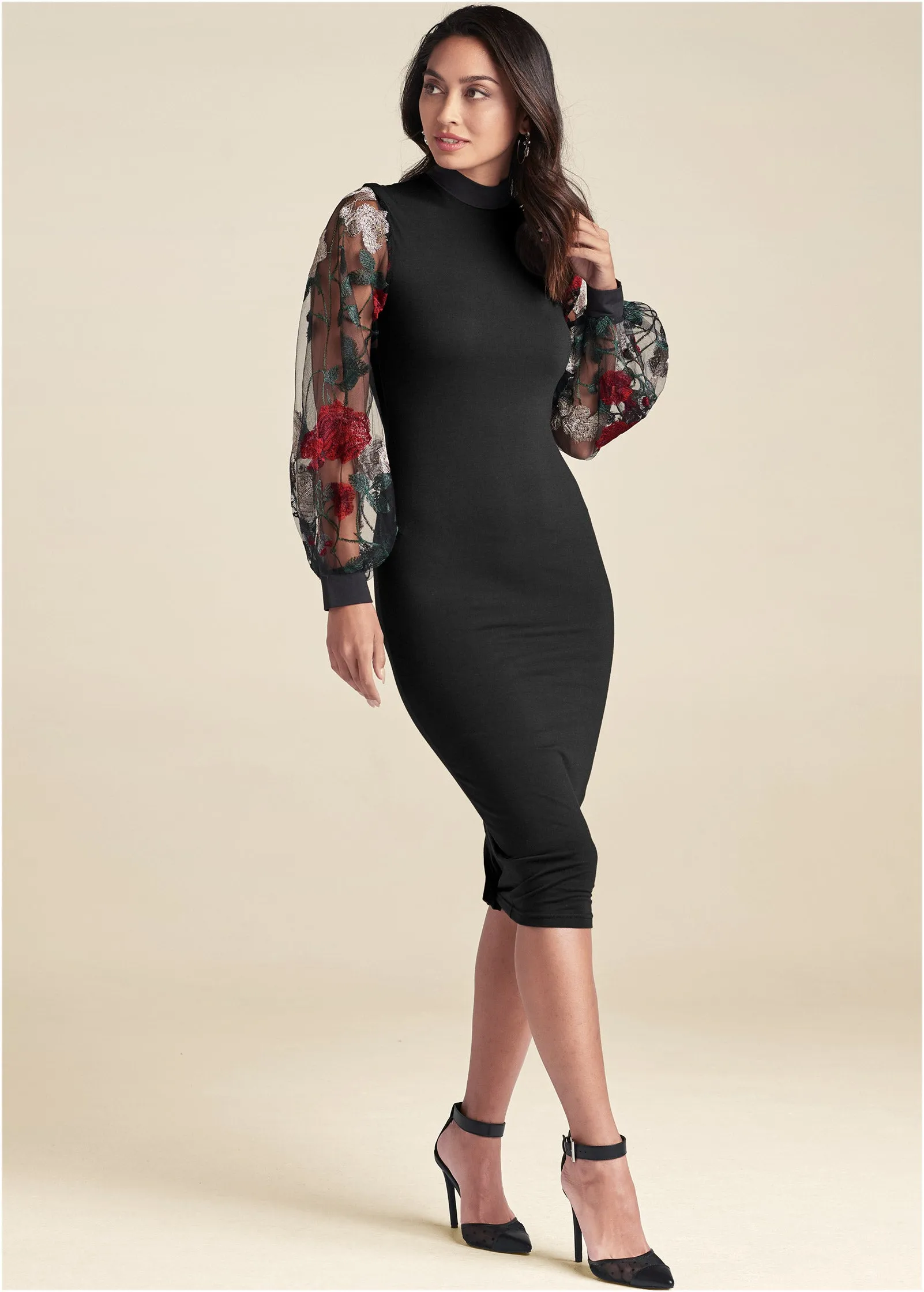 Embroidered Floral Puff Sleeve Dress  - Black Multi