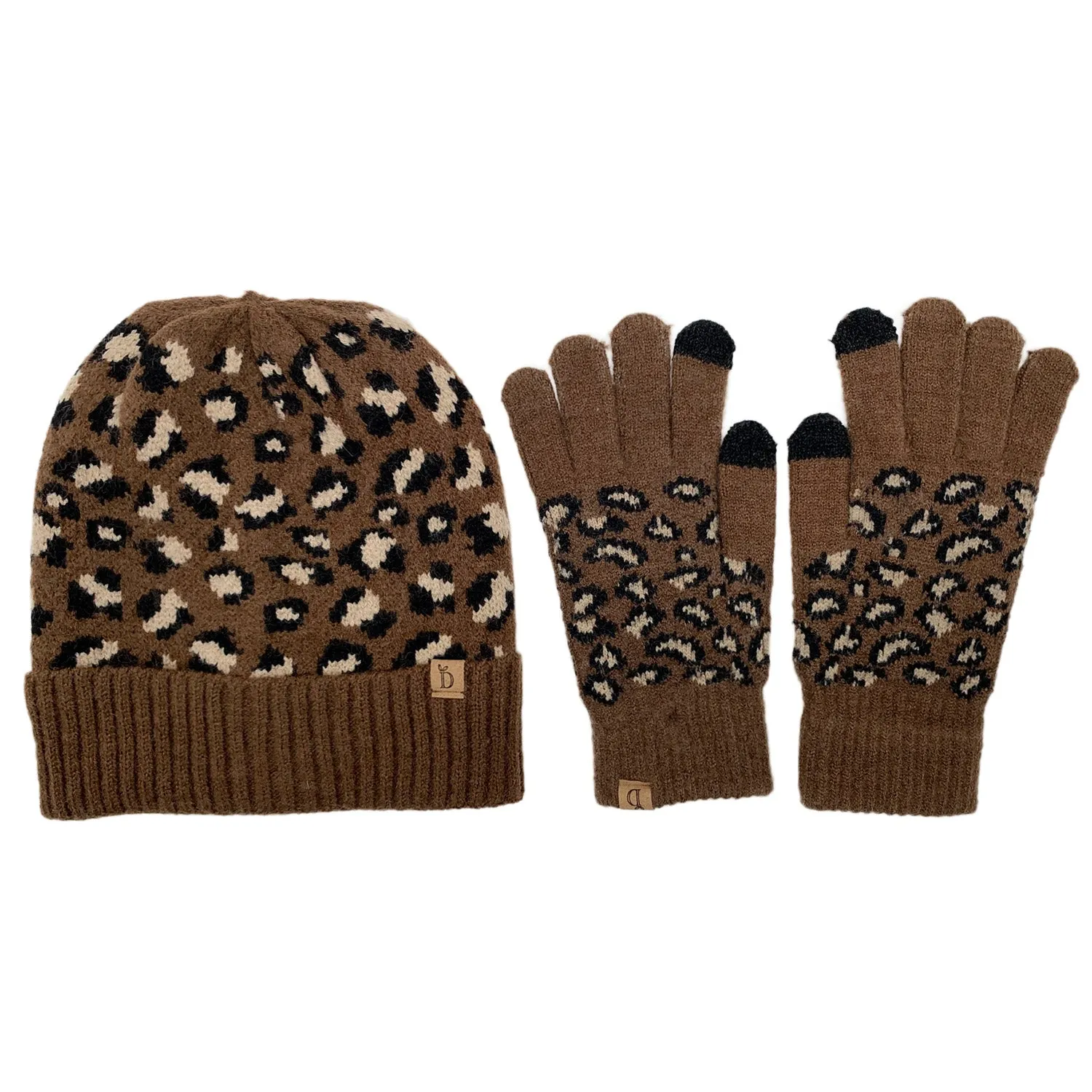 Empire Cove Winter Set Knit Ribbed Leopard Cuff Beanie and Touch Screen Gloves Gift Set