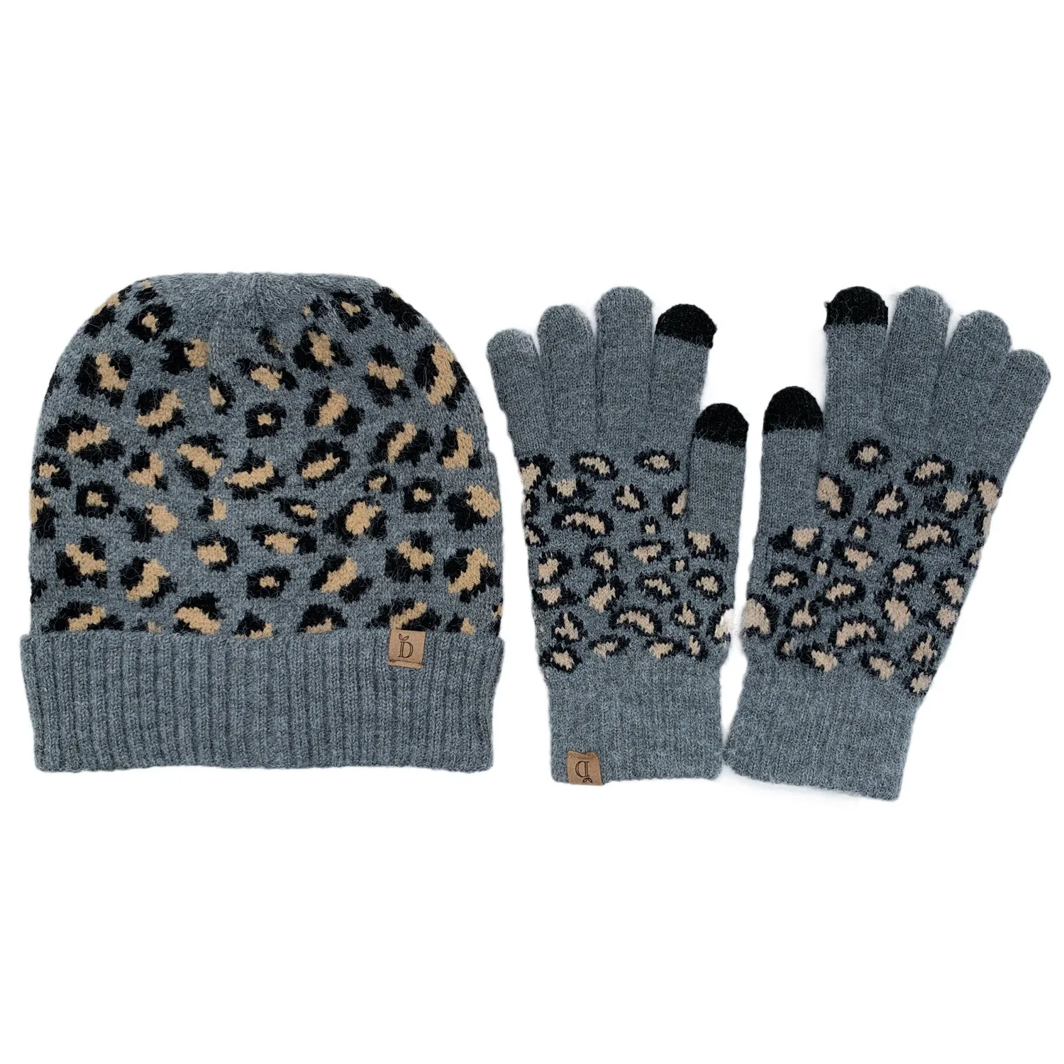 Empire Cove Winter Set Knit Ribbed Leopard Cuff Beanie and Touch Screen Gloves Gift Set