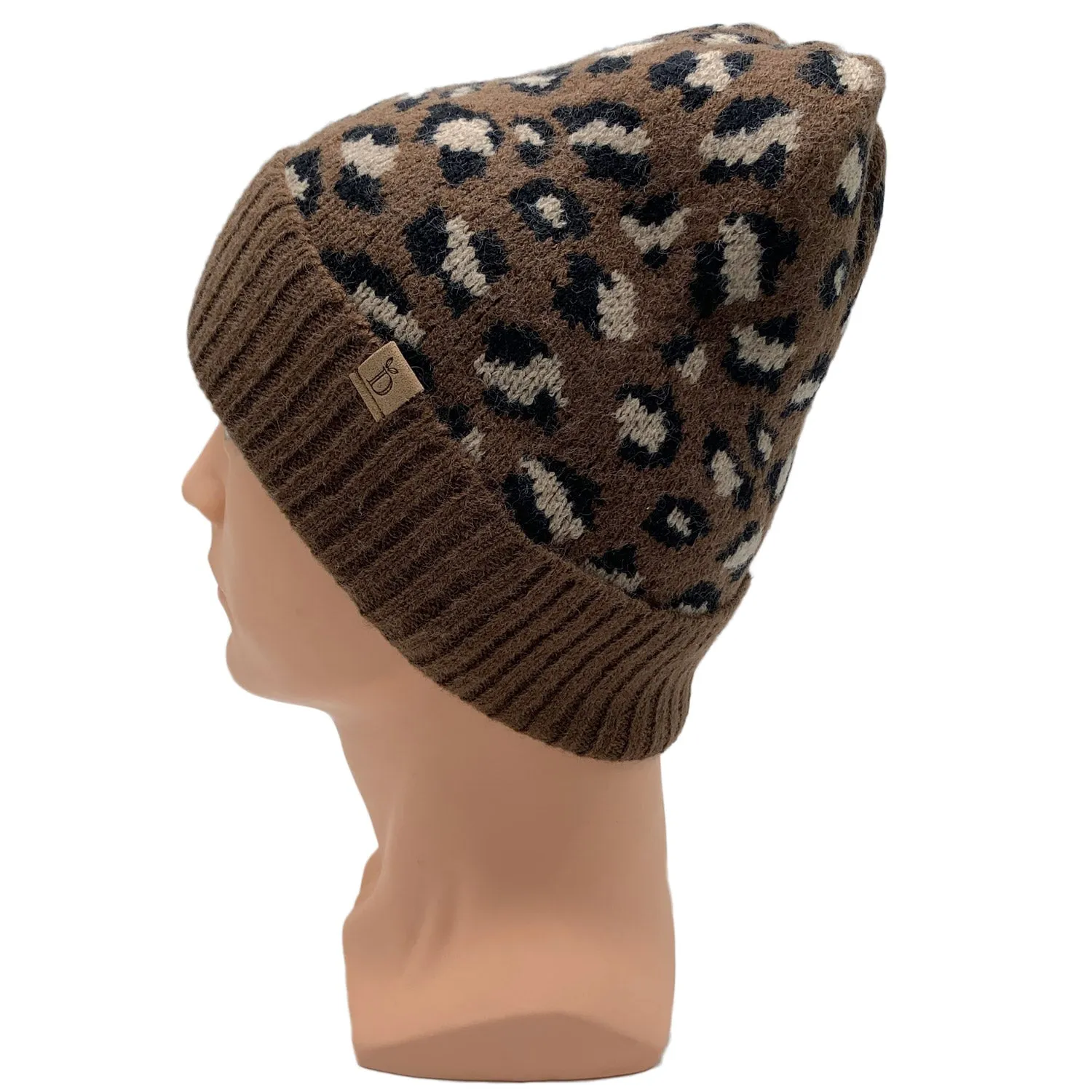 Empire Cove Winter Set Knit Ribbed Leopard Cuff Beanie and Touch Screen Gloves Gift Set