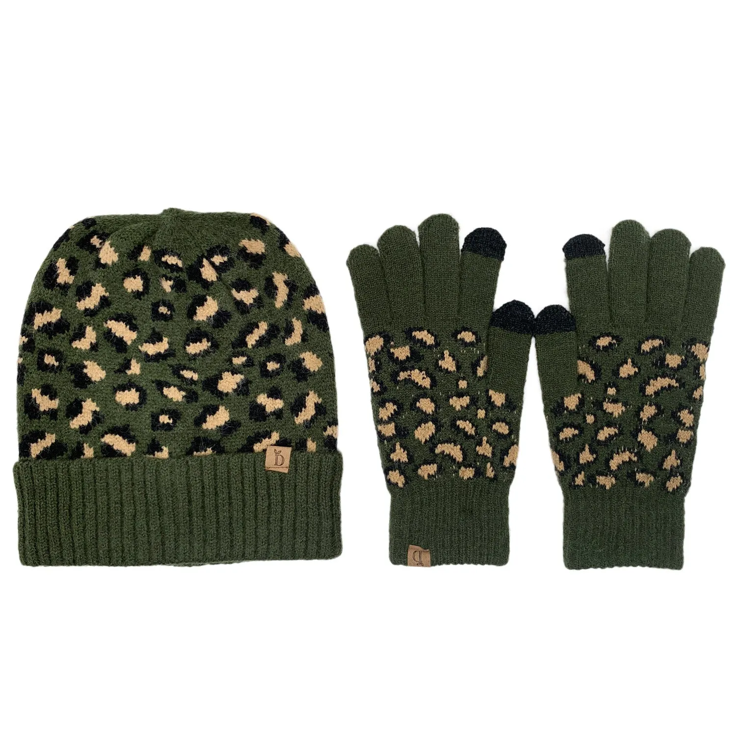 Empire Cove Winter Set Knit Ribbed Leopard Cuff Beanie and Touch Screen Gloves Gift Set