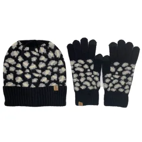 Empire Cove Winter Set Knit Ribbed Leopard Cuff Beanie and Touch Screen Gloves Gift Set