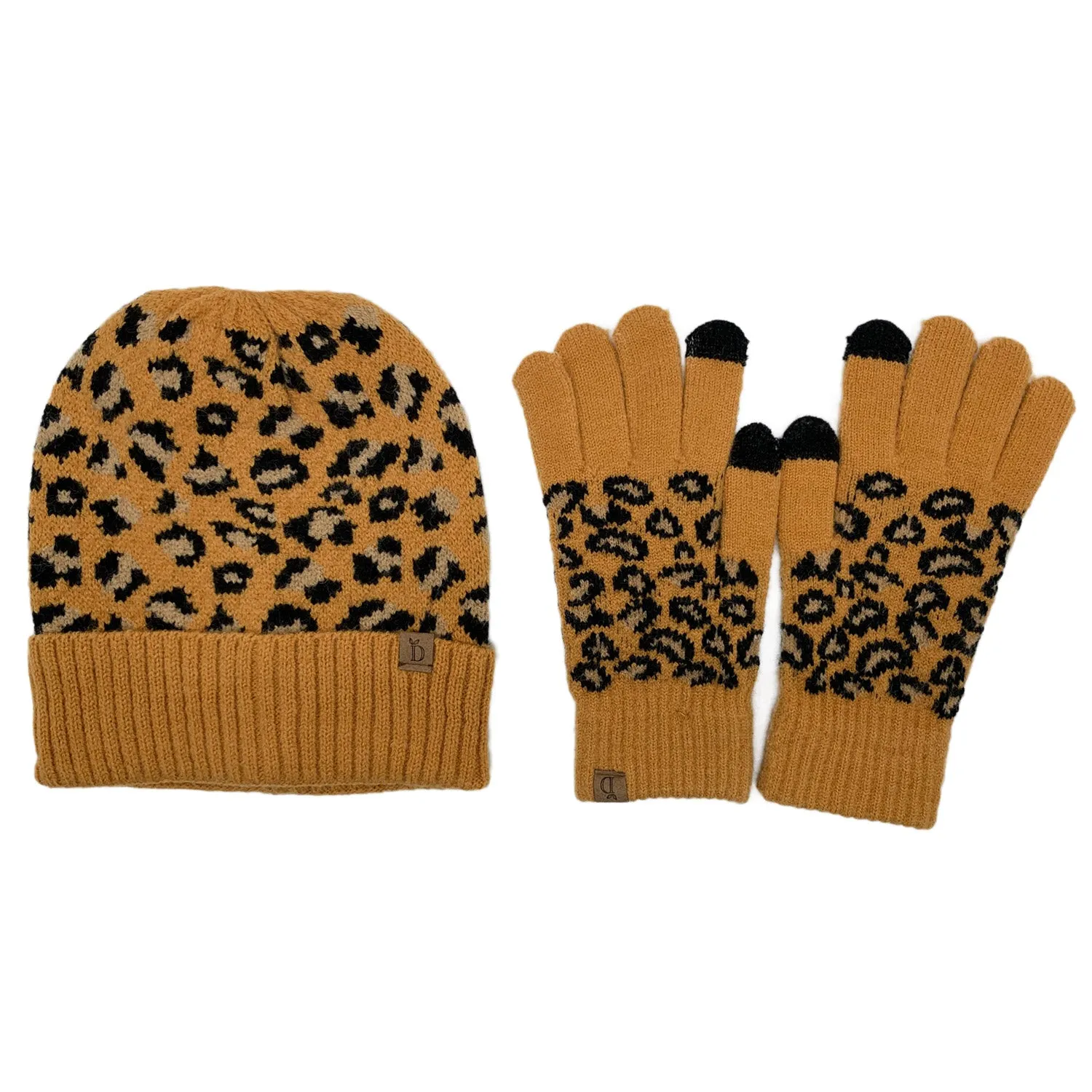 Empire Cove Winter Set Knit Ribbed Leopard Cuff Beanie and Touch Screen Gloves Gift Set