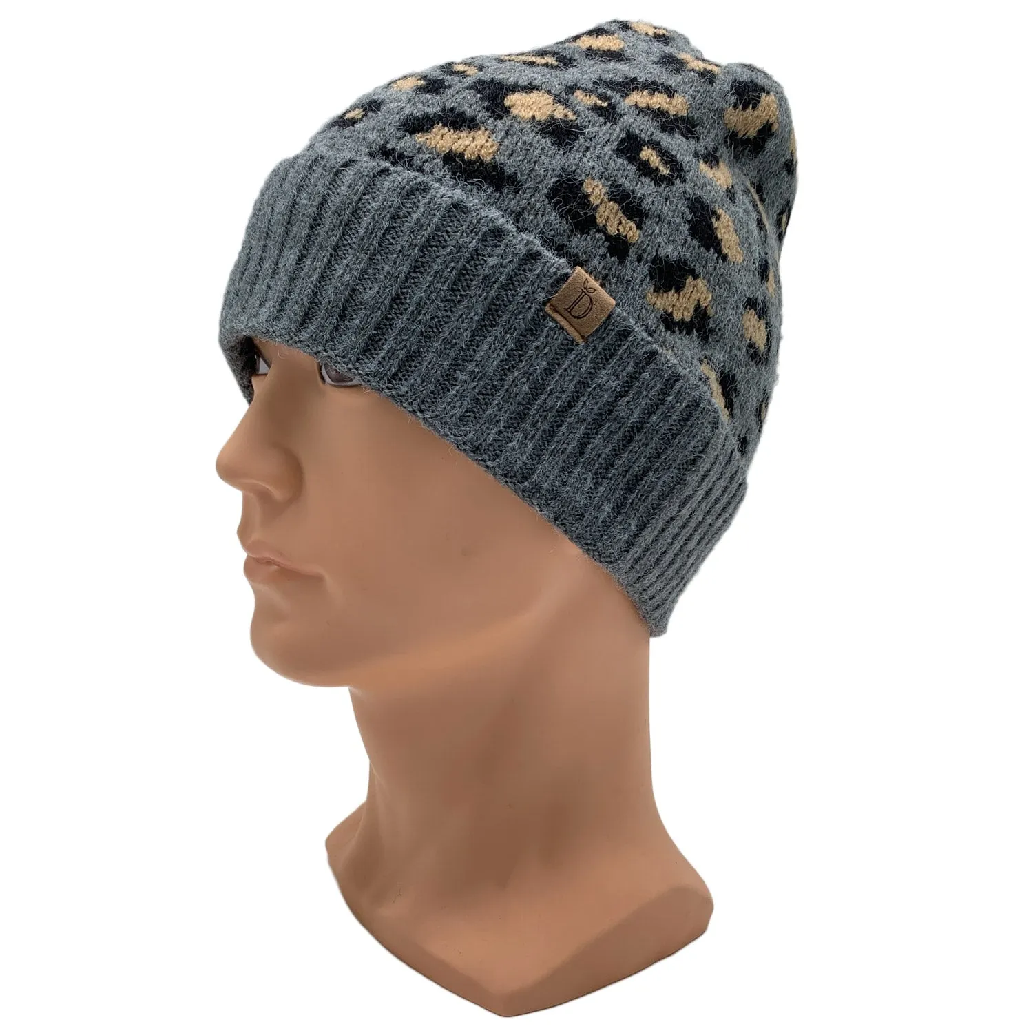 Empire Cove Winter Set Knit Ribbed Leopard Cuff Beanie and Touch Screen Gloves Gift Set