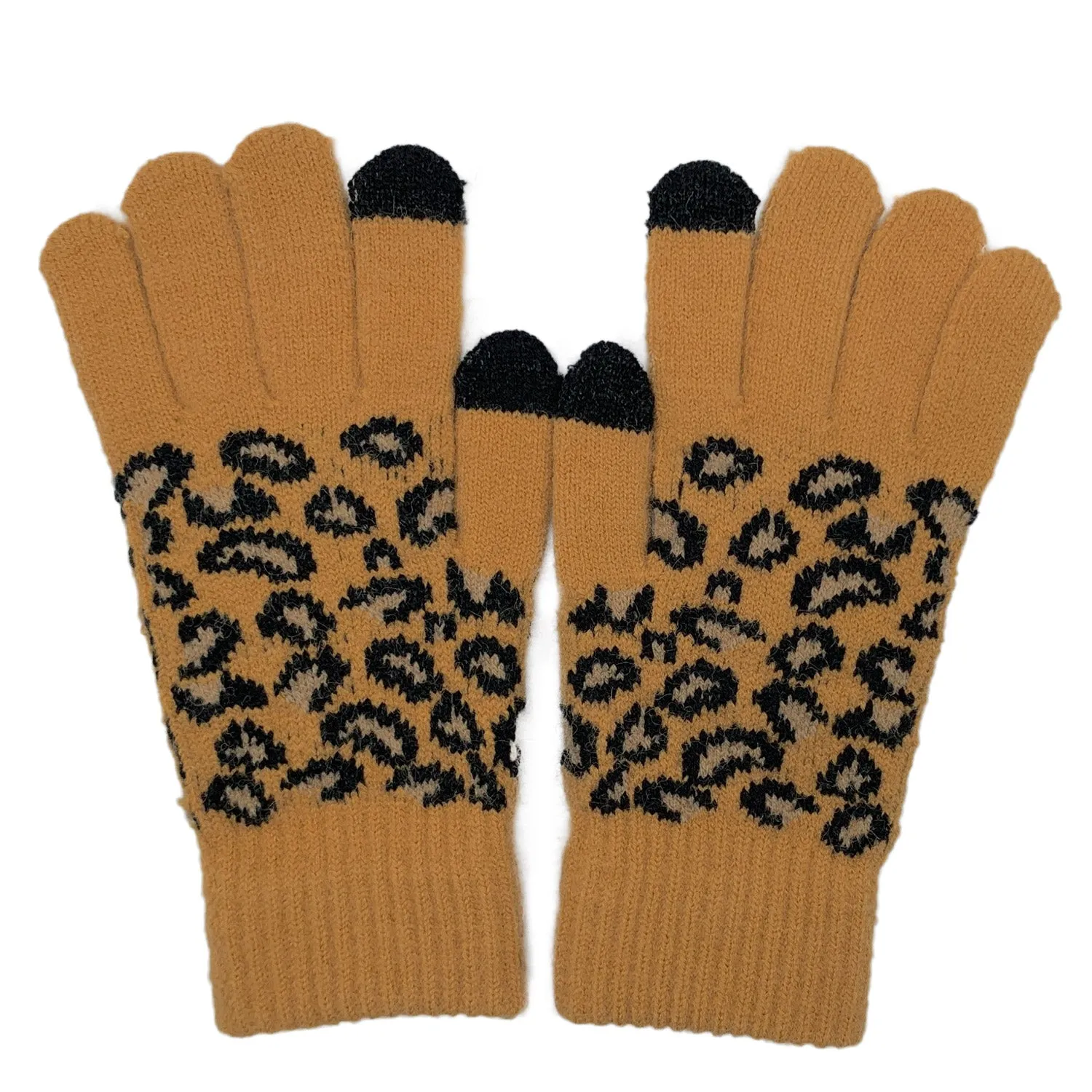 Empire Cove Winter Set Knit Ribbed Leopard Cuff Beanie and Touch Screen Gloves Gift Set