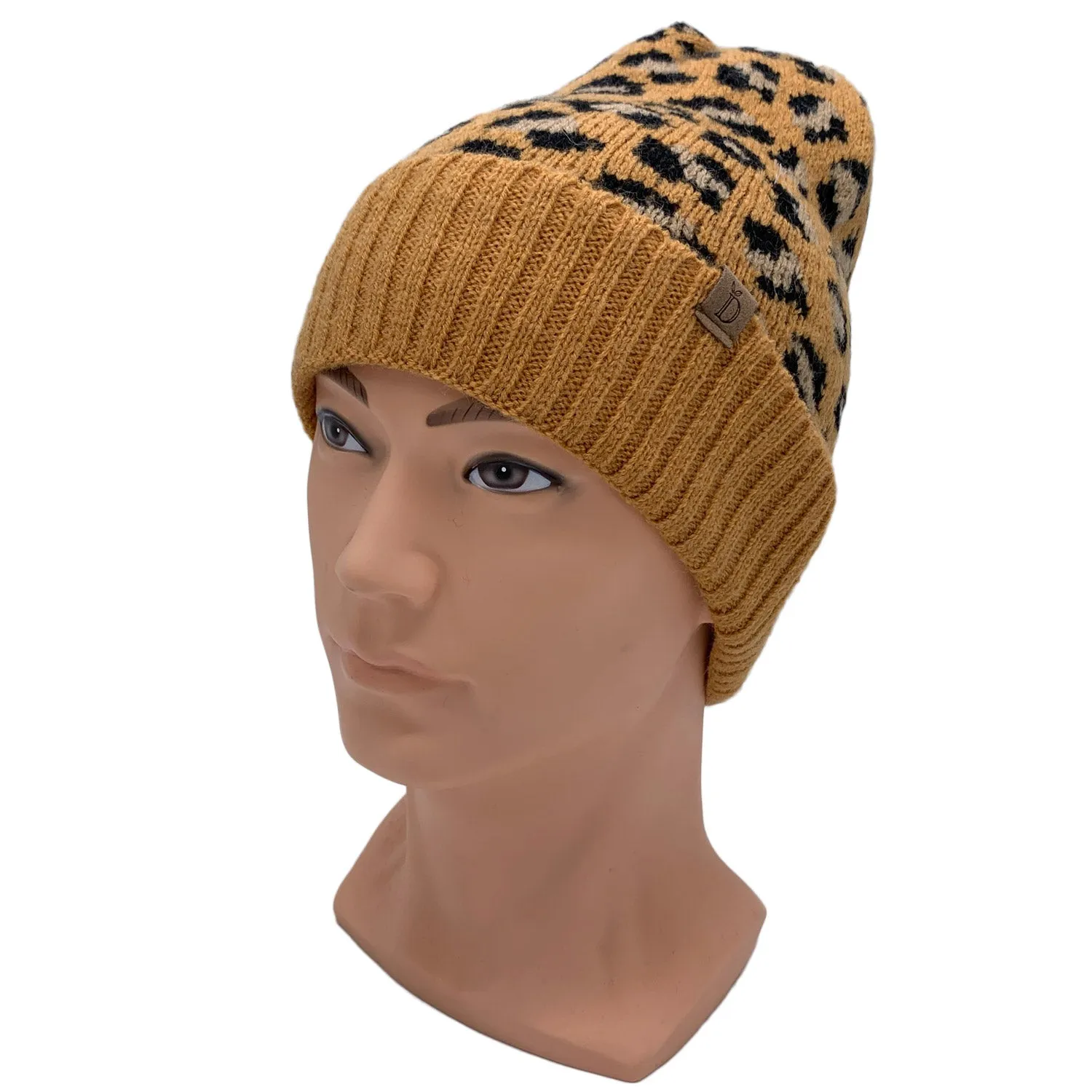 Empire Cove Winter Set Knit Ribbed Leopard Cuff Beanie and Touch Screen Gloves Gift Set