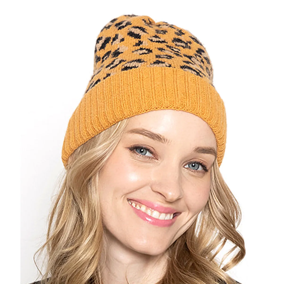 Empire Cove Winter Set Knit Ribbed Leopard Cuff Beanie and Touch Screen Gloves Gift Set