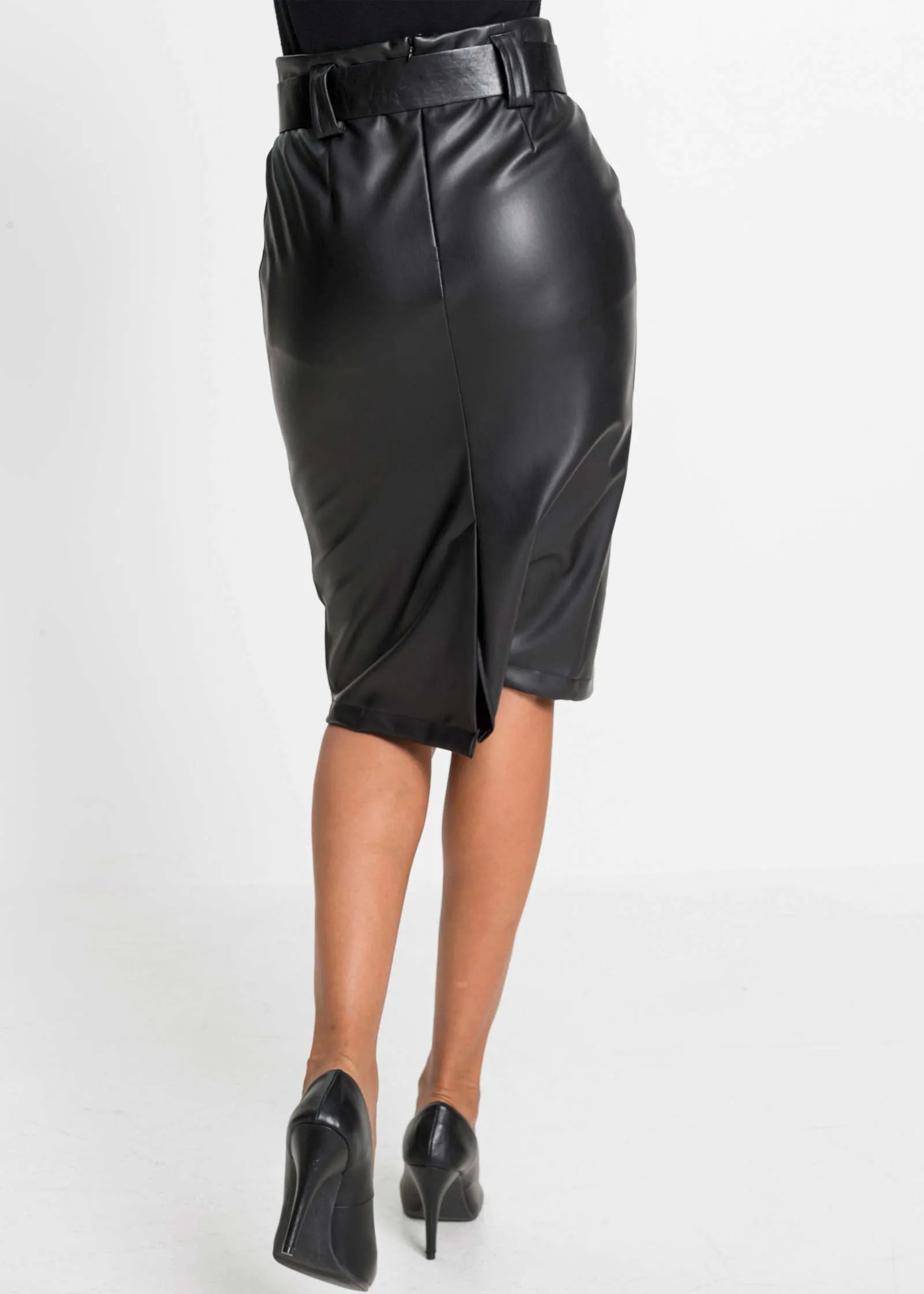 Faux Leather Belted Skirt - Black