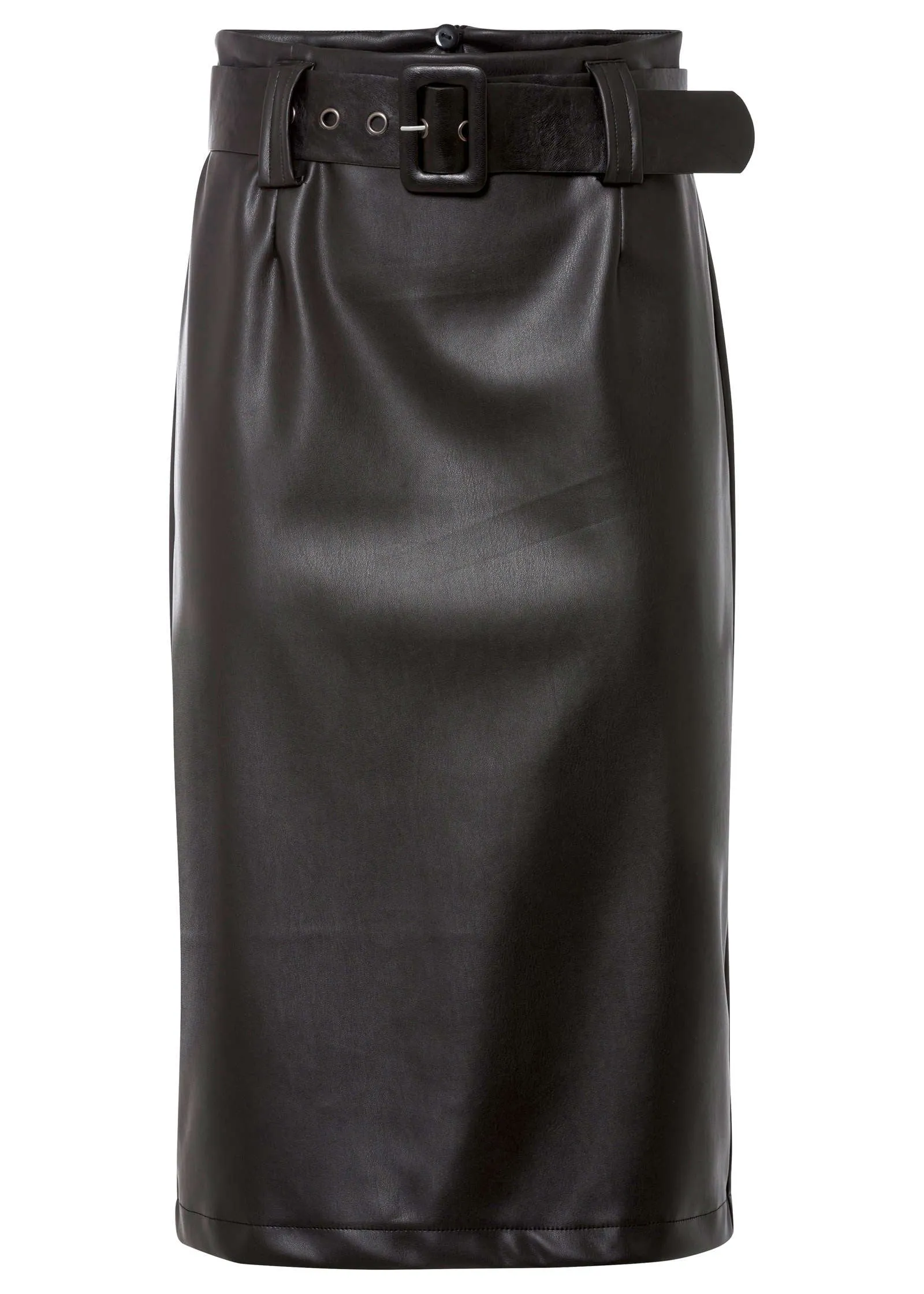 Faux Leather Belted Skirt - Black