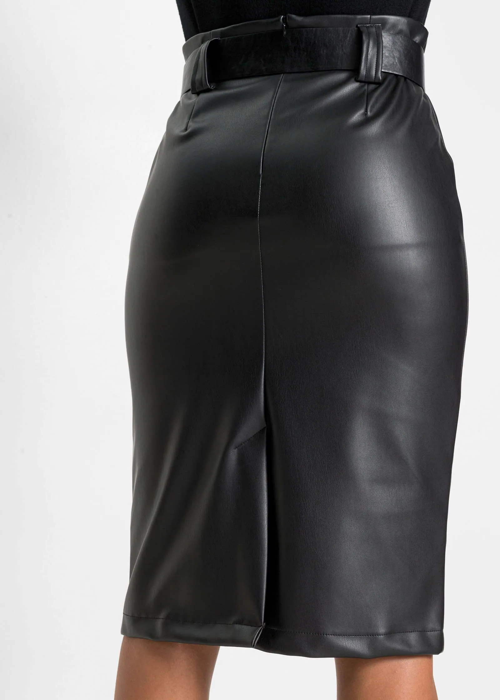 Faux Leather Belted Skirt - Black