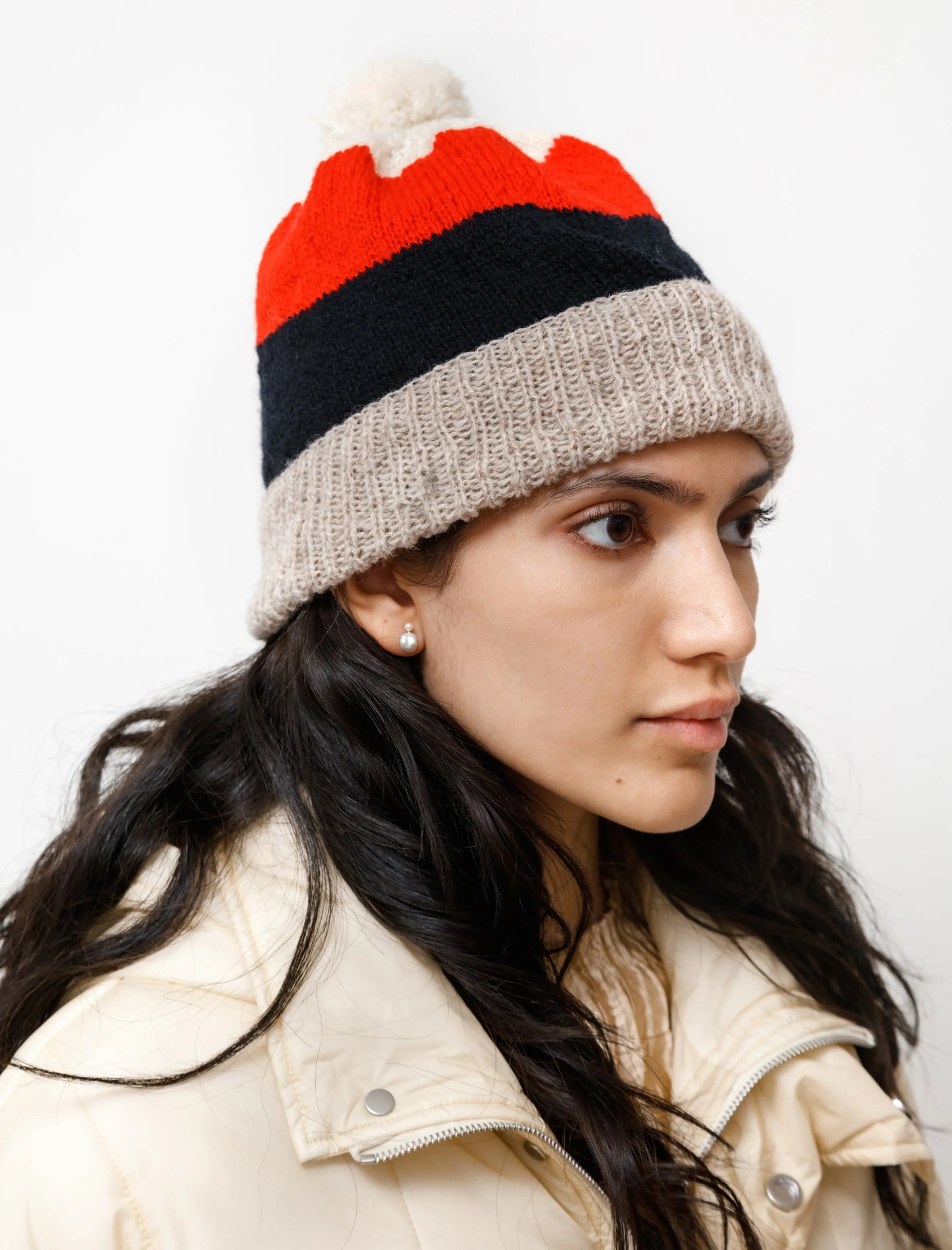 Fine Handknit Hat Bold Stripe Red/Navy