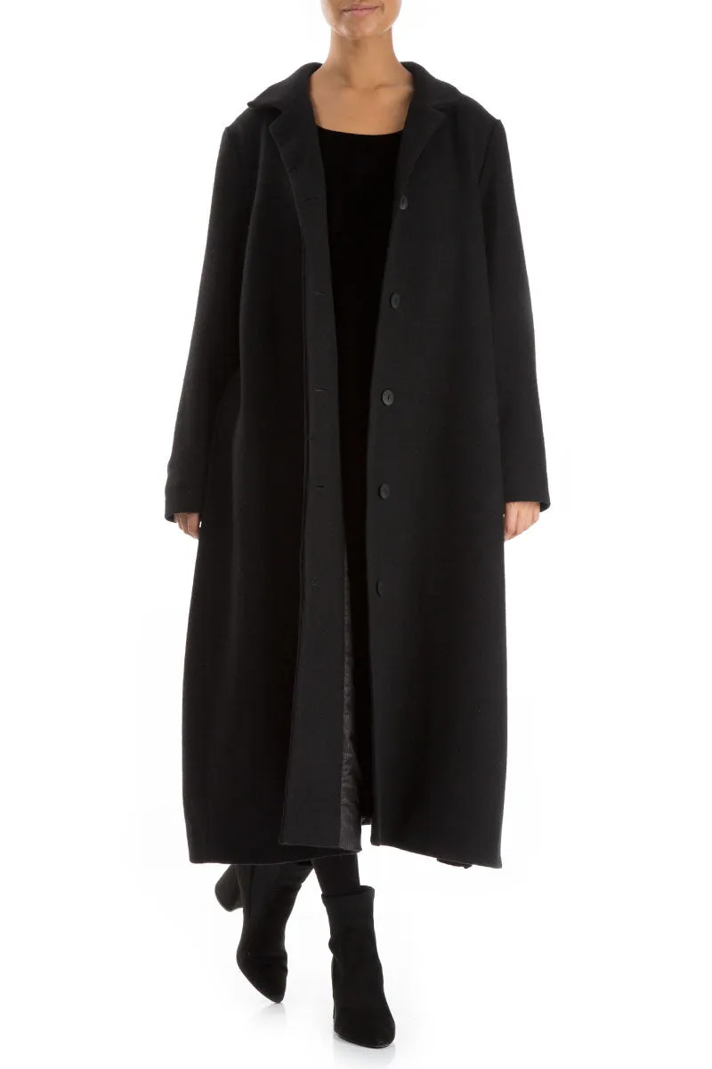 Flared Back Loose Black Wool Coat