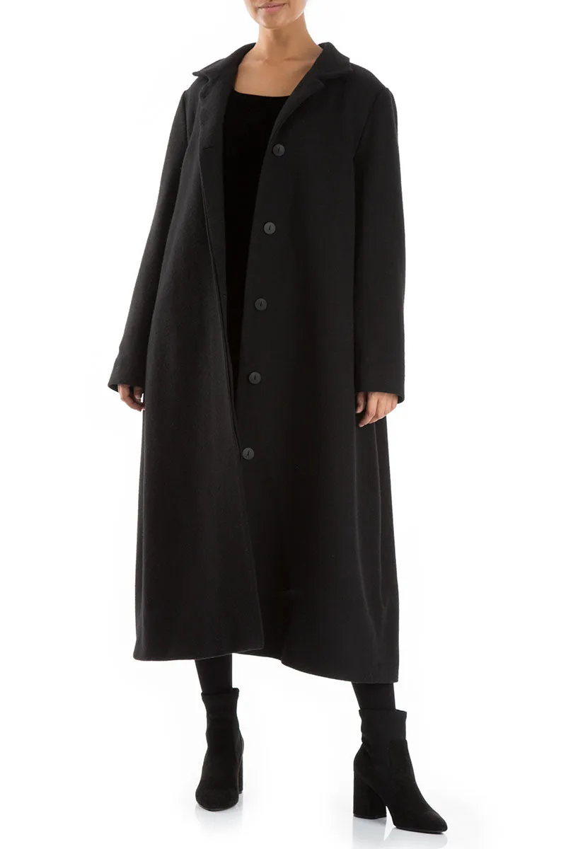 Flared Back Loose Black Wool Coat