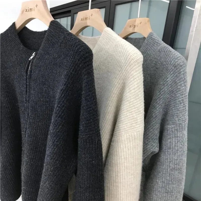 Flytonn-Fashion casual zipper cashmere cardigan women autumn winter half high round neck sweater loose knit lazy wool coat