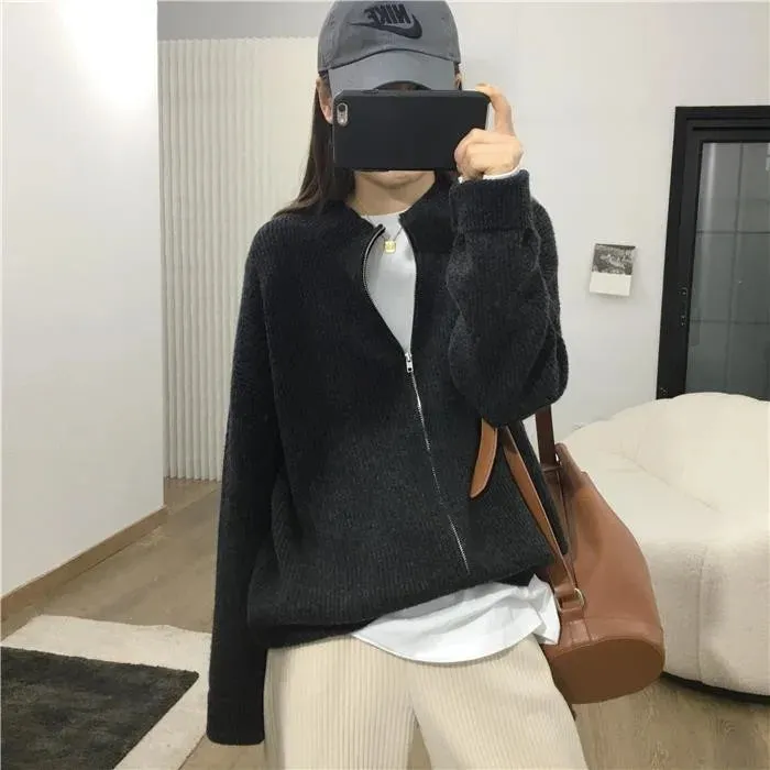 Flytonn-Fashion casual zipper cashmere cardigan women autumn winter half high round neck sweater loose knit lazy wool coat