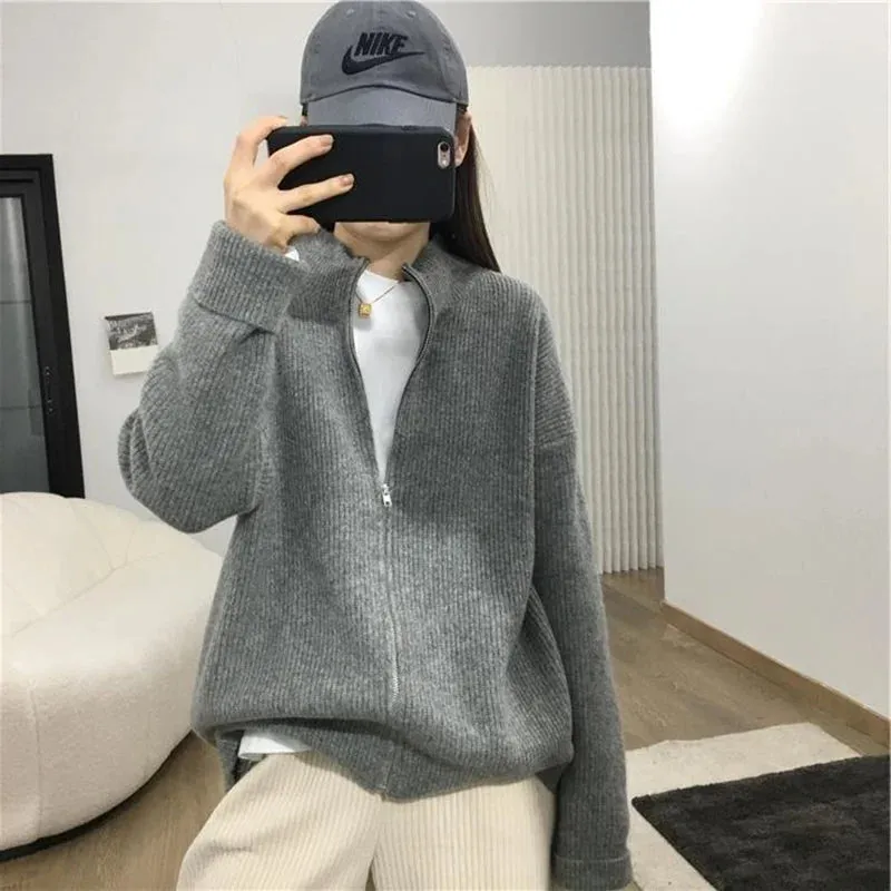 Flytonn-Fashion casual zipper cashmere cardigan women autumn winter half high round neck sweater loose knit lazy wool coat