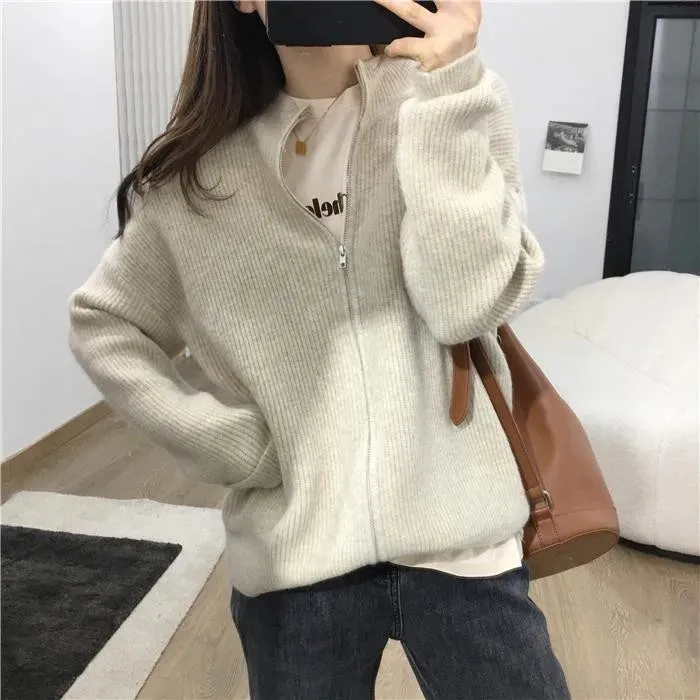 Flytonn-Fashion casual zipper cashmere cardigan women autumn winter half high round neck sweater loose knit lazy wool coat