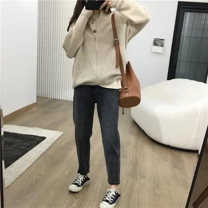 Flytonn-Fashion casual zipper cashmere cardigan women autumn winter half high round neck sweater loose knit lazy wool coat