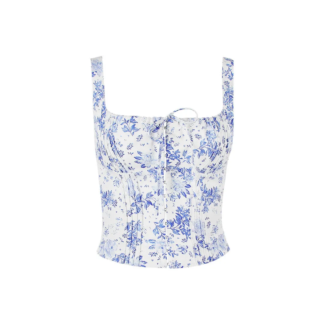 Fresh Tie Front Square Neck Frill Bustier Floral Printed Tank Top - Blue