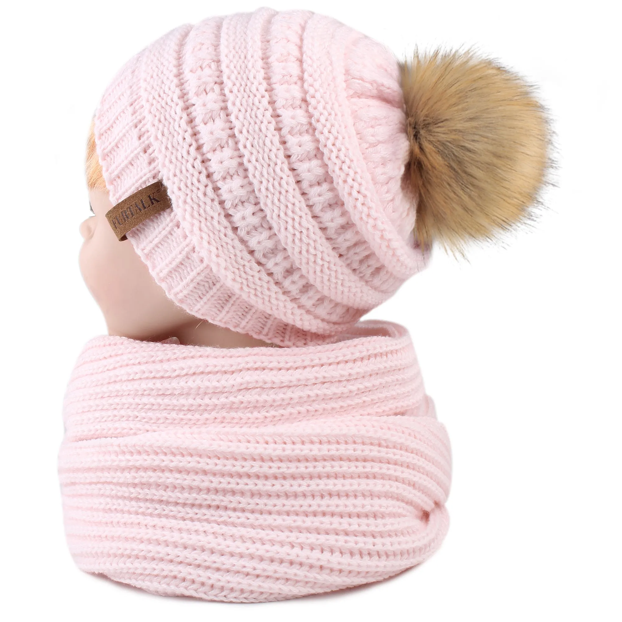 FURTALK  Kids Winter Faux Fur Pom Pom Hat Scarf Set Drop Shipping HTWL011