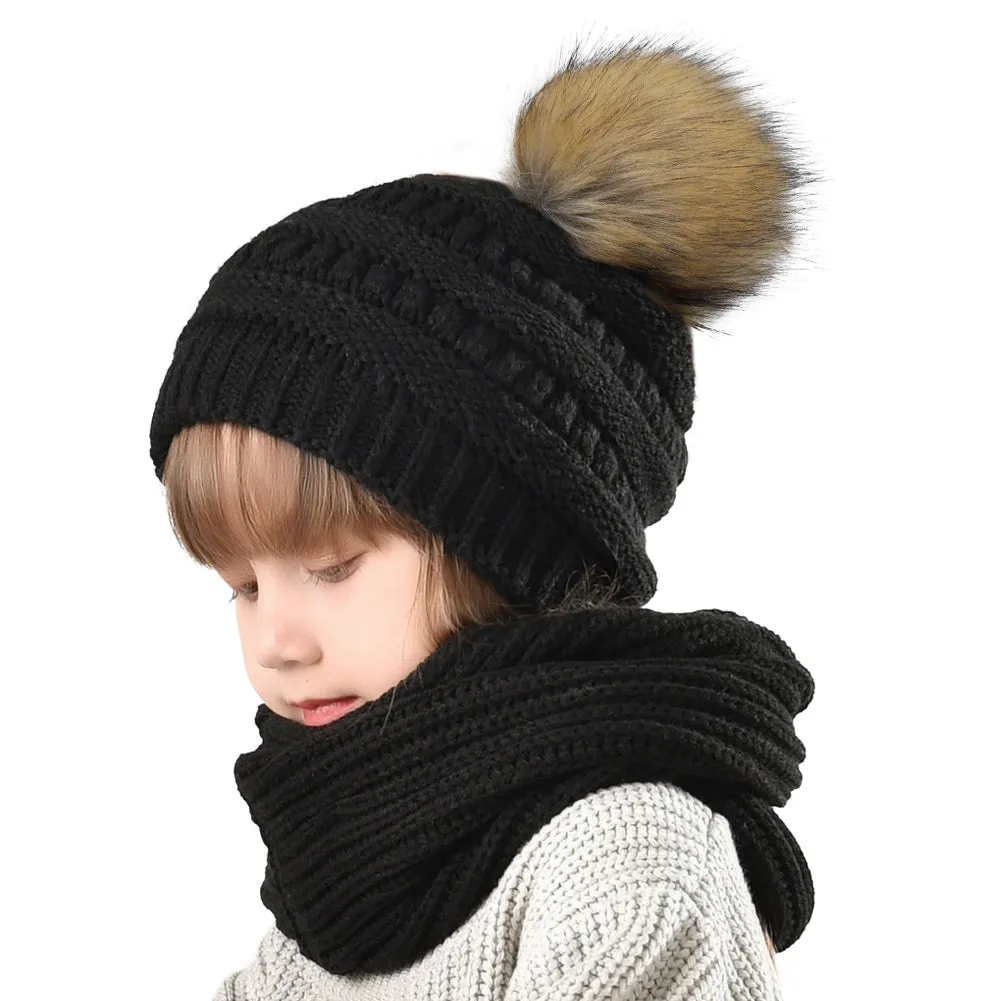 FURTALK  Kids Winter Faux Fur Pom Pom Hat Scarf Set Drop Shipping HTWL011