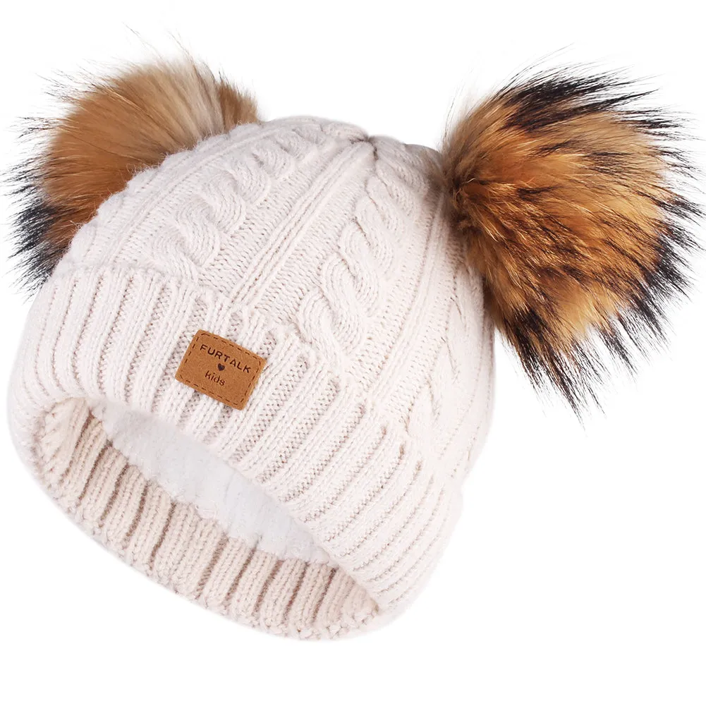 FURTALK Kids Winter Real Fur Pom Pom Hats Double Poms Drop shipping  SFFW033