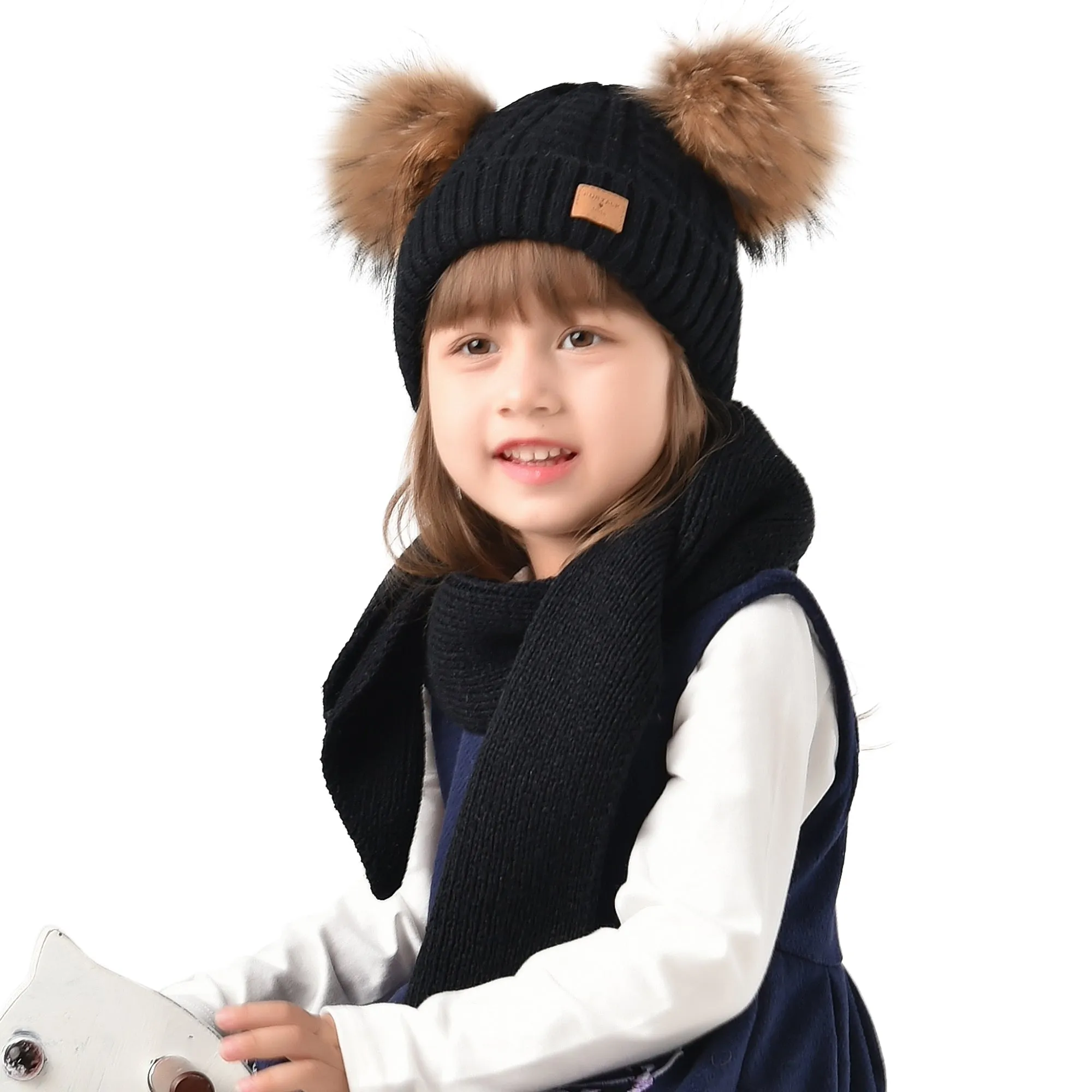 FURTALK Kids Winter Real Fur Pom Pom Hats Double Poms Drop shipping  SFFW033