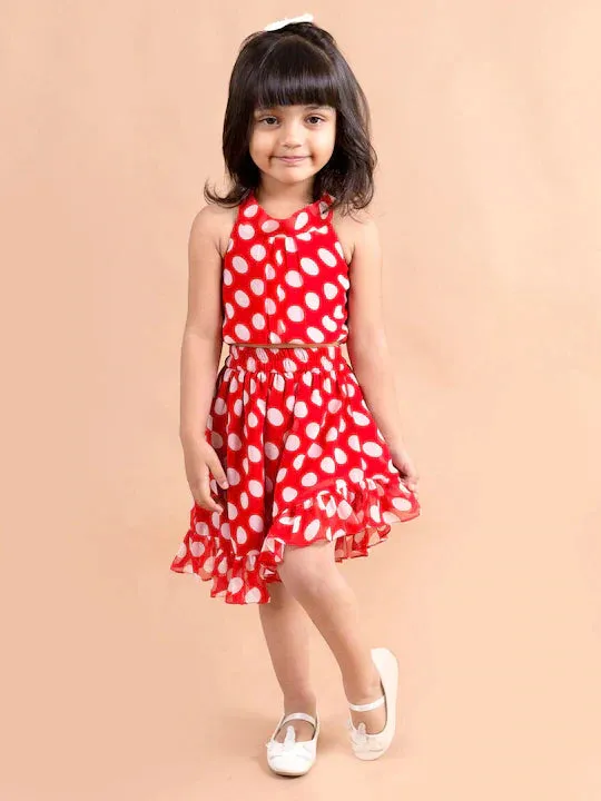 Girls Red White Printed Top With Skirt - Ps Peaches