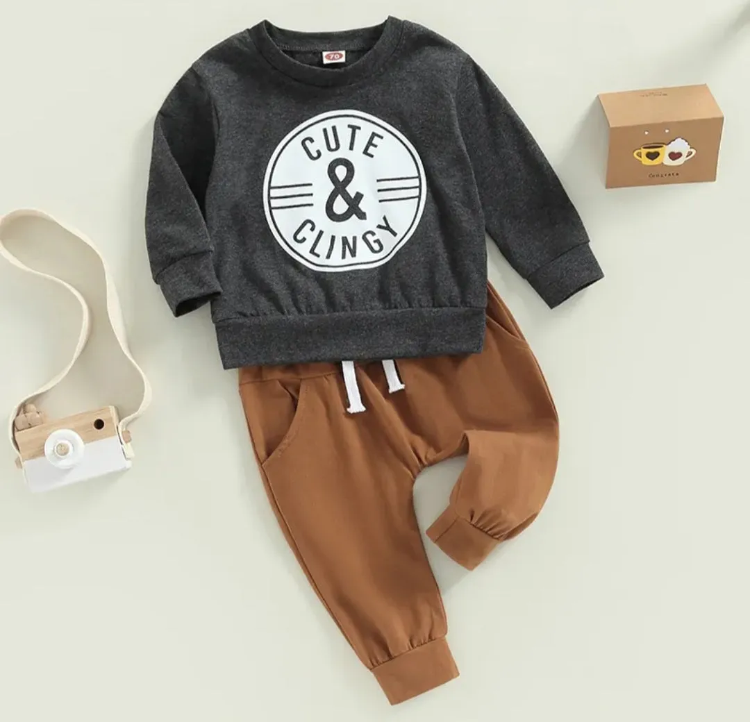 Gray Cute & Clingy Crewnek Top and Toffee Pants #2000340