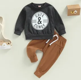 Gray Cute & Clingy Crewnek Top and Toffee Pants #2000340