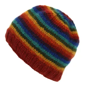 Hand Knitted Wool Beanie Hat - Stripe Dark Rainbow