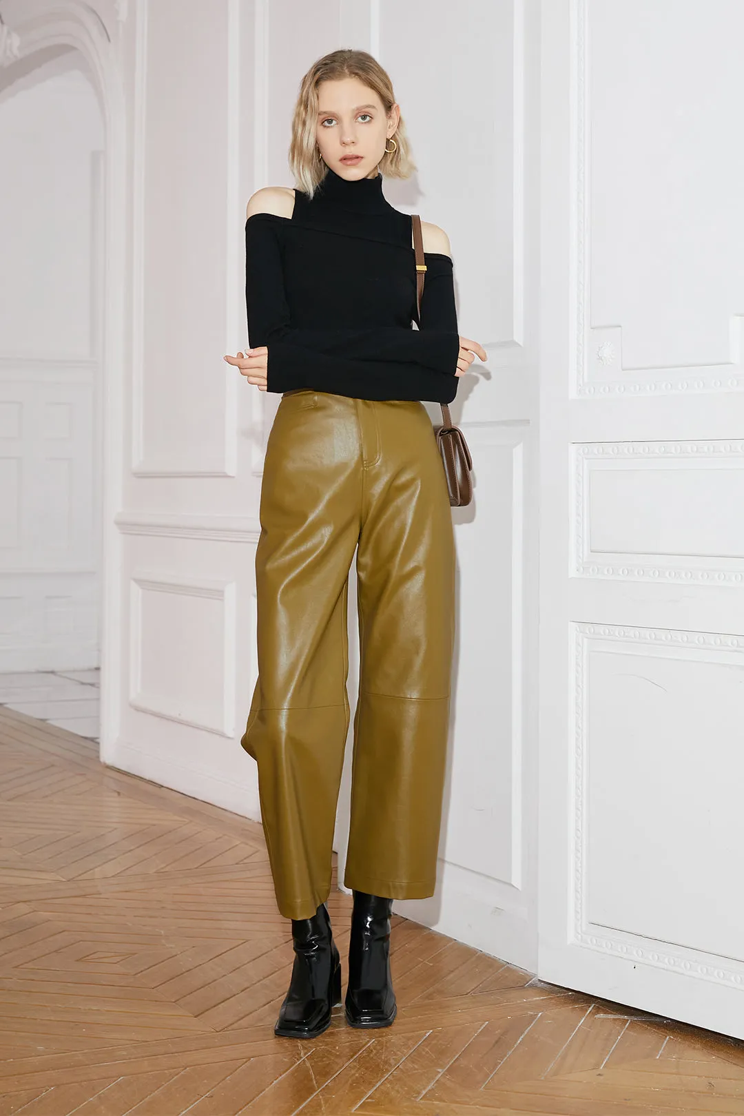 High waist leather pants | Draped wide-leg pants trousers | Commuter leather pants