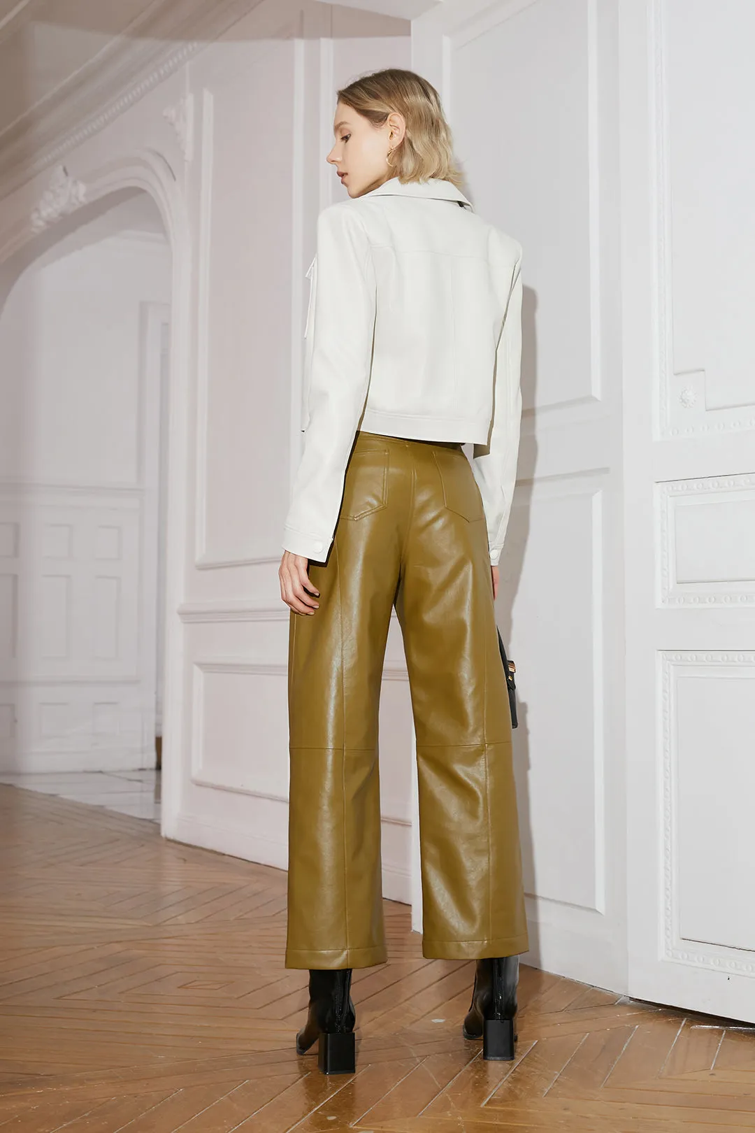 High waist leather pants | Draped wide-leg pants trousers | Commuter leather pants