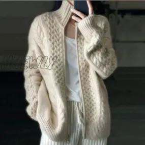 Hnewly Autumn and Winter Thick High-necked Cashmere Knitted Cardigan Woman Loose Thin Zipper Sweater Coat Wool Coat