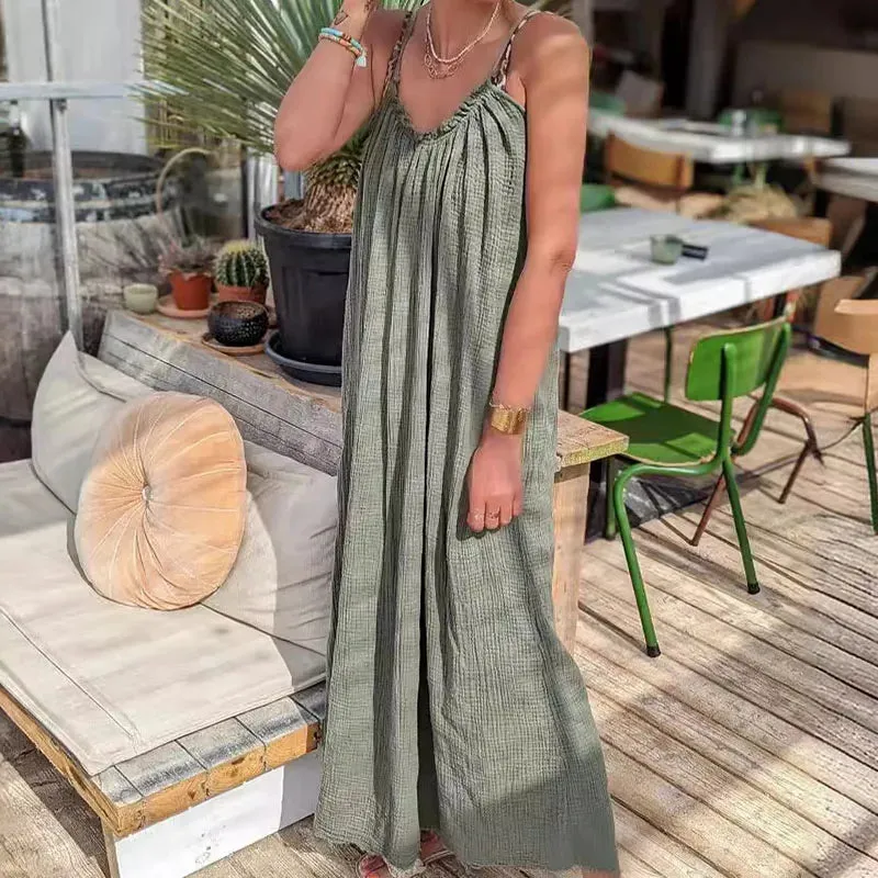 Hollow Off Shoulder Pleated Fashion Solid Sleeveless Suspenders Sun Beach Vacation Long Party Sexy Dress