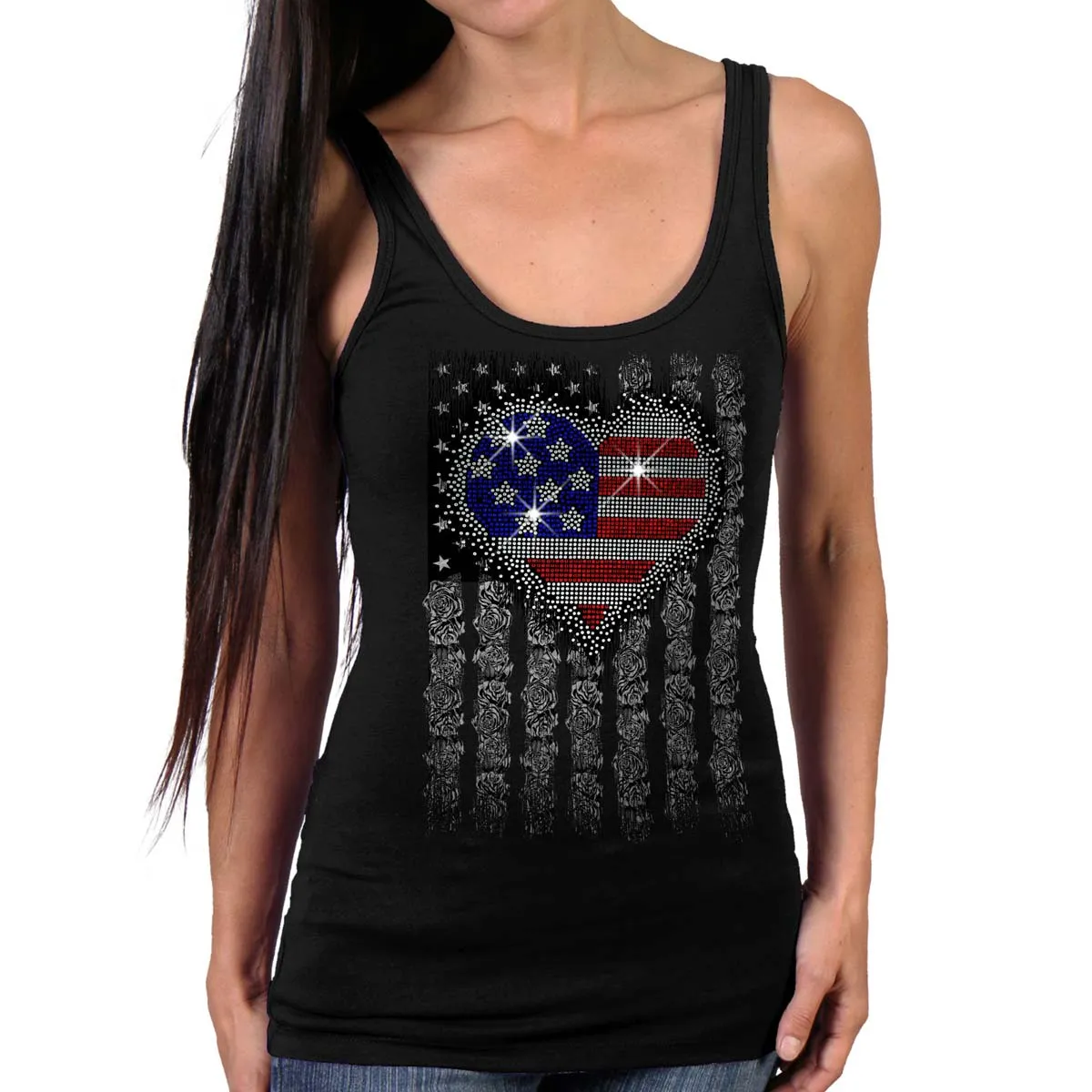 Hot Leathers GLR2559 Ladies Black Heart Bling Flag Tank Top Shirt