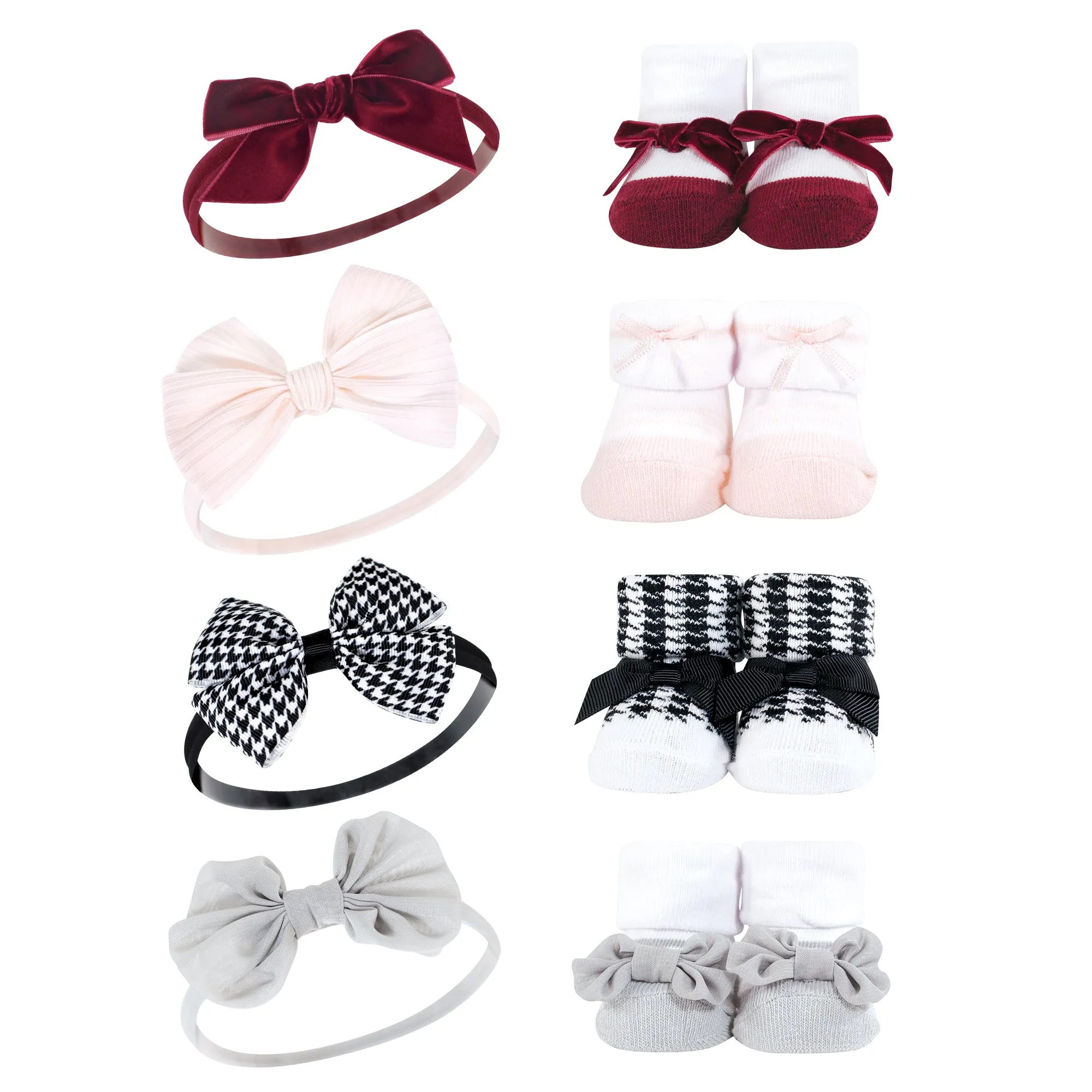 Hudson Baby Headband and Socks Giftset, Houndstooth Burgundy