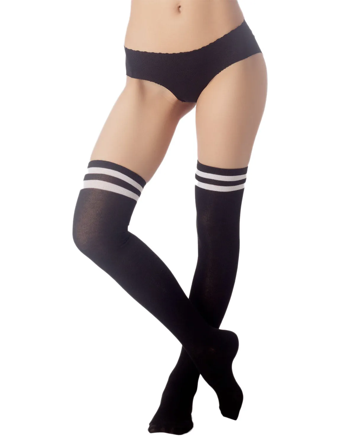 iB-iP Women's Navy Stripes Sports Football Style Hold-up Thigh High Long Socks